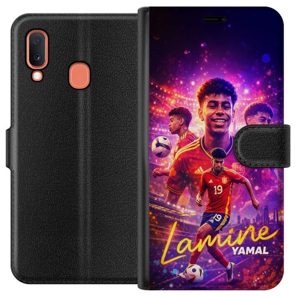Kompatibelt Plånboksfodral till Samsung Galaxy A20e Lamine Yamal fotbollsposter i spansk landslagströja med fartfylld action, färgstark sportillustra Kompatibelt Plånboksfodral till Samsung Galaxy A20e Lamine Yamal fotbollsposter i spansk landslagströja med fartfylld action, färgstark sportillustra