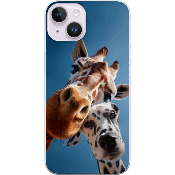 Yhteensopiva Puhelinkuori Apple iPhone 14 Kirahvi-dalmatialainen-duoaihe, jossa on hauska lähikuva kirahvista ja dalmatialaisesta aurinkoisessa kuvak