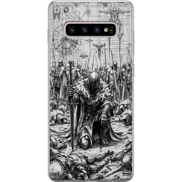 Kompatibel Mobilcover til Samsung Galaxy S10+ Middelalderlig ridder slagmark kriger ridder rustning episk slagmark sort-hvid fantasy kriger motiv pla