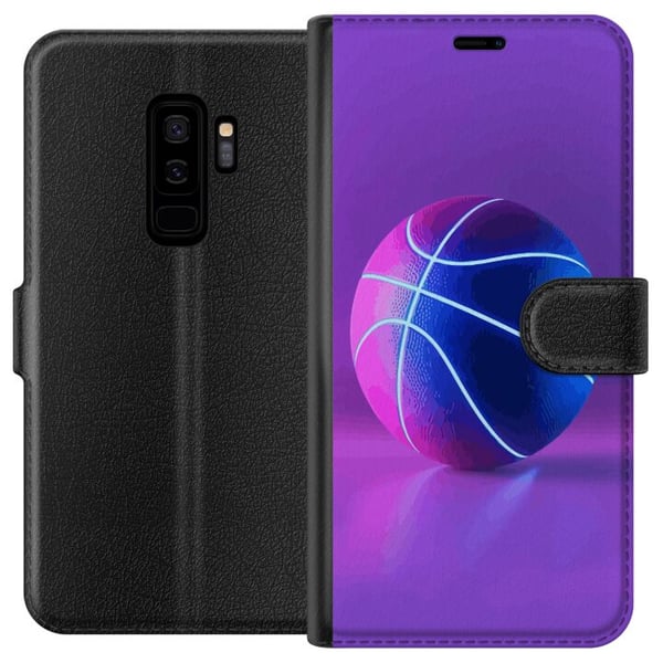 Kompatibelt Plånboksfodral till Samsung Galaxy S9+ Basket ball poster neon basketboll sport glowing purple blue retro court athlete sports design art