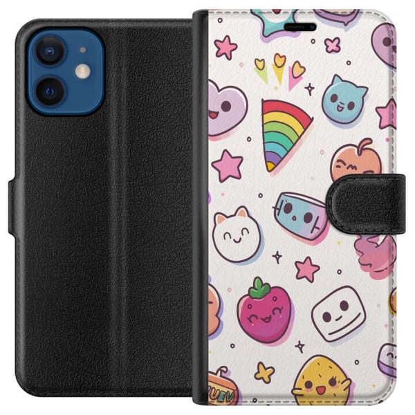 Yhteensopiva Lompakkokotelo Apple iPhone 12 mini Kawaii-doodle-kollaasi, jossa on söpöjä hahmoja, hedelmiä, tähtiä, sydämiä, pastellivärejä ja leikki