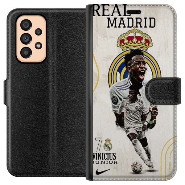 Kompatibel Tegnebogsetui til Samsung Galaxy A53 5G Real Madrid Vinícius Júnior med angriber i nummer 7-trøje klublogo hvid spilledragt energisk posit