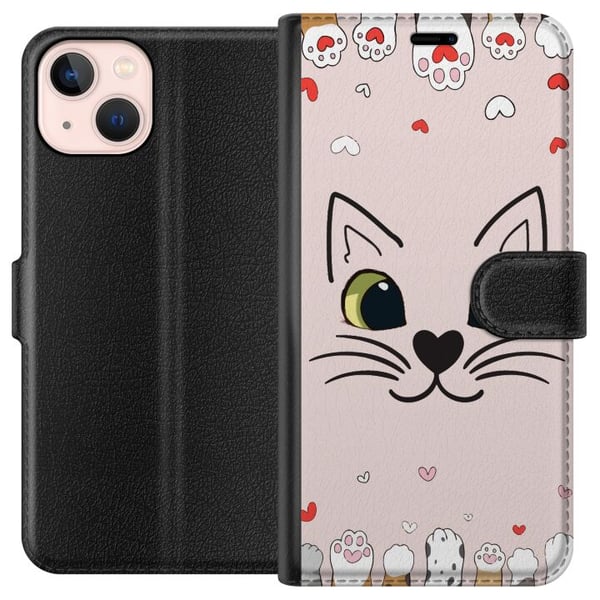 Kompatibelt Plånboksfodral till Apple iPhone 13 mini Mjooo Katt Kompatibelt Plånboksfodral till Apple iPhone 13 mini Mjooo Katt