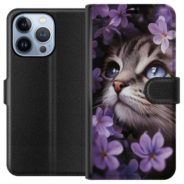 Kompatibelt Lommeboketui til Apple iPhone 13 Pro Katt og blomster Kompatibelt Lommeboketui til Apple iPhone 13 Pro Katt og blomster