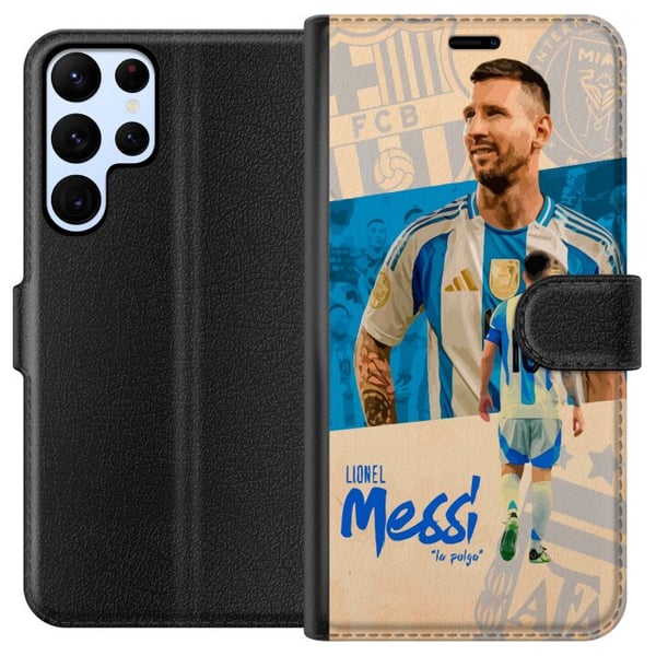 Yhteensopiva Lompakkokotelo Samsung Galaxy S22 Ultra 5G Lionel Messin muotokuva Argentiinan pelipaidassa, ikoninen design intohimoisille ja energisil
