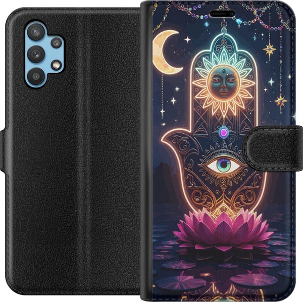 Yhteensopiva Lompakkokotelo Samsung Galaxy A32 5G Symbolinen käsiä esittävä kuvitus, jossa on silmä, kukka ja valo