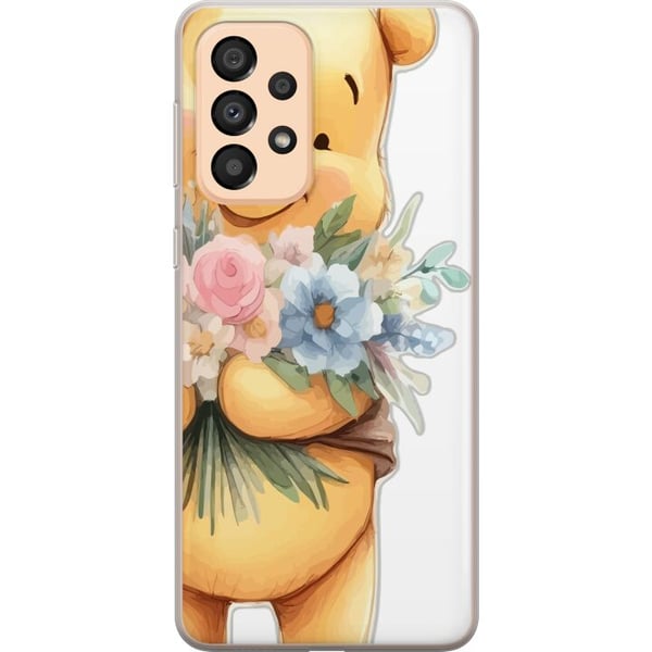 Yhteensopiva Puhelinkuori Samsung Galaxy A33 5G Nalle Puh kukkien kanssa - klassinen lasten suosikki kukkivassa keväisympäristössä