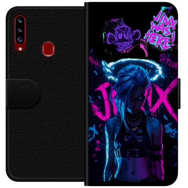 Kompatibelt Lommeboketui til Samsung Galaxy A20s Arcane Jinx plakat League of Legends LoL graffiti neon anime Netflix spillkarakter fanartdesign