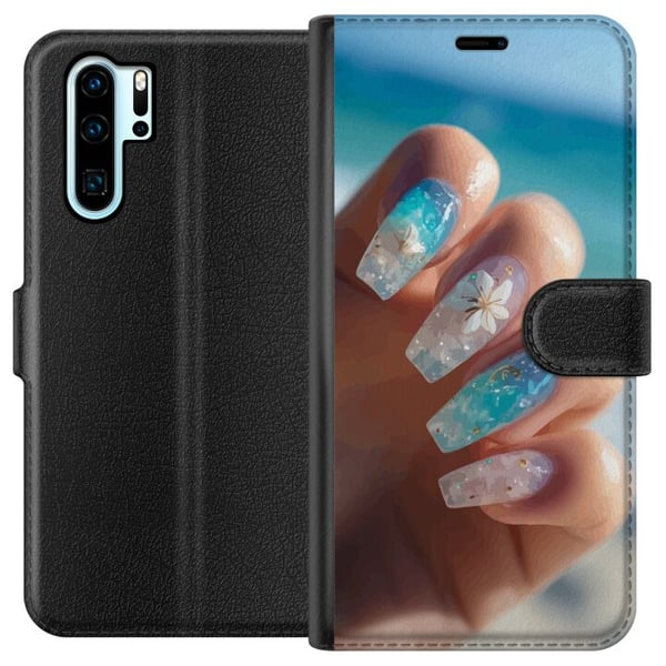 Kompatibel Tegnebogsetui til Huawei P30 Pro Negledesignillustration – Blå glitter med blomst, havinspireret motiv Kompatibel Tegnebogsetui til Huawei P30 Pro Negledesignillustration – Blå glitter med blomst, havinspireret motiv