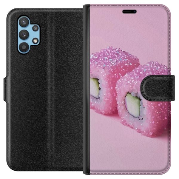 Kompatibelt Plånboksfodral till Samsung Galaxy A32 5G Sushi poster rosa glitter kawaii Japanese food roll rice fish aesthetic mat design cute Japan a