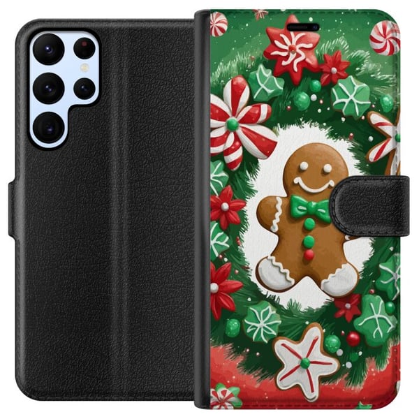Kompatibelt Lommeboketui til Samsung Galaxy S22 Ultra 5G jul pepperkake plakat pepperkake julekaker juletre godteri søtsaker julemotiv retrodesign Kompatibelt Lommeboketui til Samsung Galaxy S22 Ultra 5G jul pepperkake plakat pepperkake julekaker juletre godteri søtsaker julemotiv retrodesign