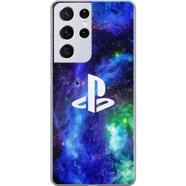 Kompatibel Mobilcover til Samsung Galaxy S21 Ultra 5G PlayStation-logo mod galaksebaggrund kosmisk gamingdesign til gamere og konsolfans