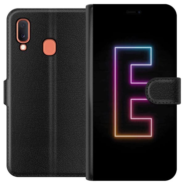 Kompatibelt Plånboksfodral till Samsung Galaxy A20e Minimalistisk neonbokstav E i lysande färger mot mörk bakgrund Kompatibelt Plånboksfodral till Samsung Galaxy A20e Minimalistisk neonbokstav E i lysande färger mot mörk bakgrund