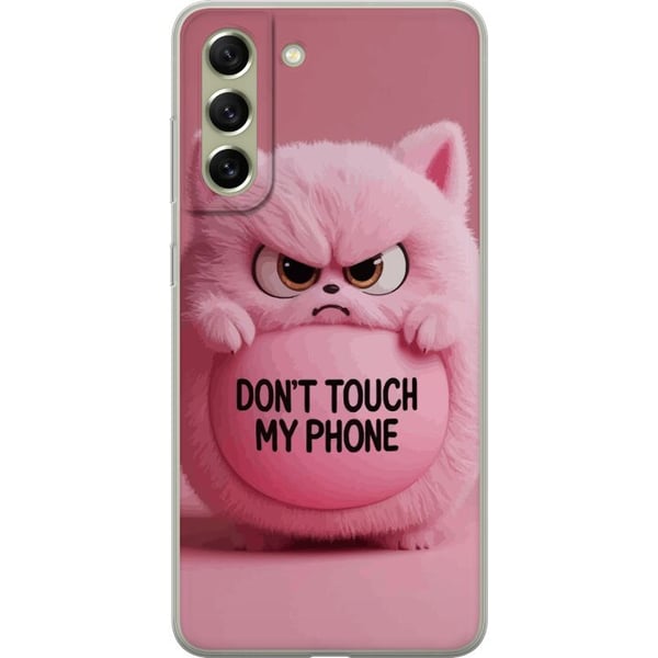 Kompatibel Mobilcover til Samsung Galaxy S21 FE 5G Humoristisk lyserød kat med teksten Don’t Touch My Phone – et sjovt og trendy motiv, der passer pe