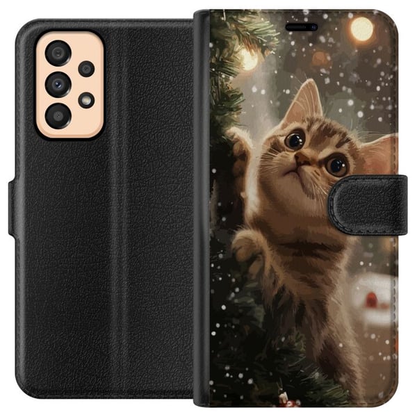 Kompatibelt Lommeboketui til Samsung Galaxy A33 5G Katt som klatrer i juletre med snøfall, koselig vinterdesign perfekt for katte- og juleelskere