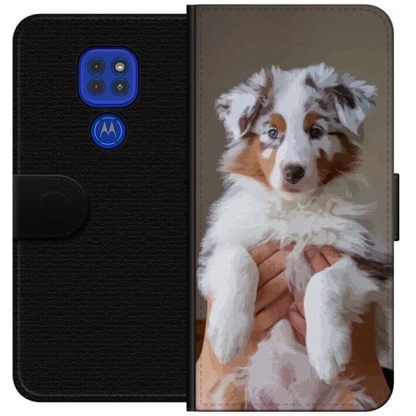 Kompatibel Tegnebogsetui til Motorola Moto G9 Play Hvalpeillustration – Sød, fluffy hvalp i portrætdesign med blå øjne