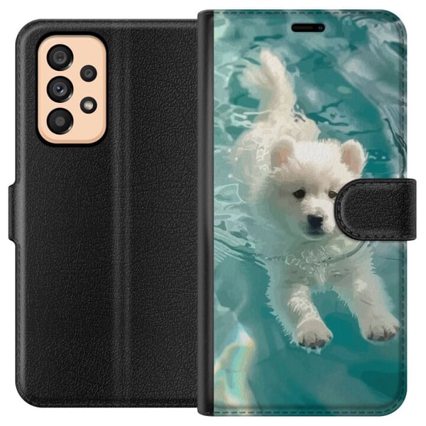Kompatibel Tegnebogsetui til Samsung Galaxy A53 5G Hvalp i vand hvid hvalp hund swimmingpool blå turkis sommermotiv sød kæledyrsillustration design k
