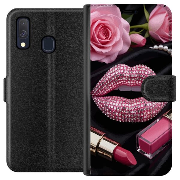 Kompatibel Tegnebogsetui til Samsung Galaxy A40 pink glitter læber makeup diamanter roser neglelak mode glamour skønhed plakat lyserøde læber kunstst