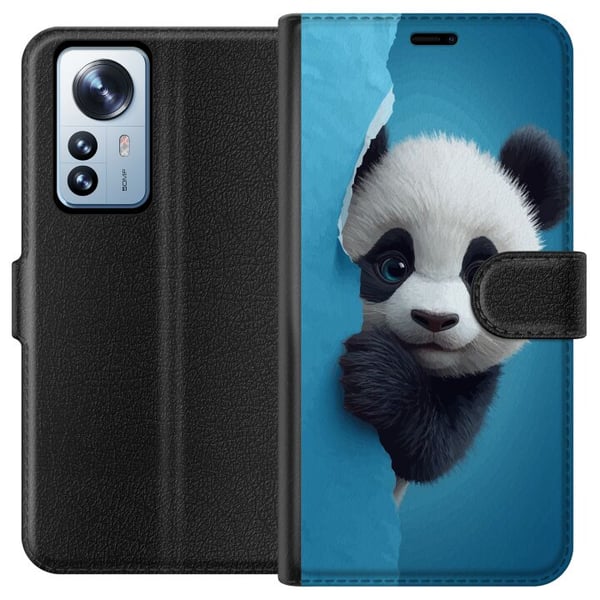 Yhteensopiva Lompakkokotelo Xiaomi 12 Pro Suloinen panda kurkistaa paperin läpi pehmeässä 3D-kuvituksessa
