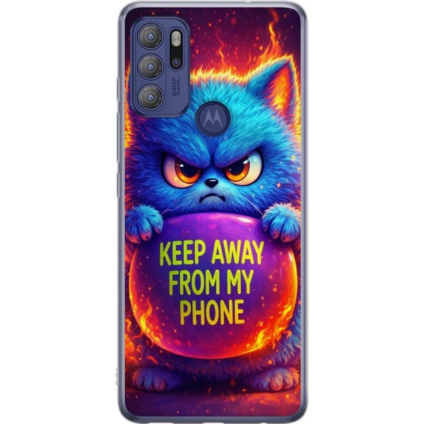 Kompatibel Mobilcover til Motorola Moto G60S Vred, lodden blå kat med teksten Keep Away From My Phone i neonfarver og flammelignende effekter, humori