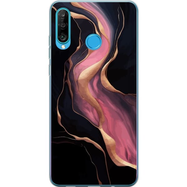 Kompatibelt Mobilskal till Huawei P30 lite Abstrakta vågor i svart med rosa stråk och guldfärgade kanter som flytande marmor mot mörk bakgrund