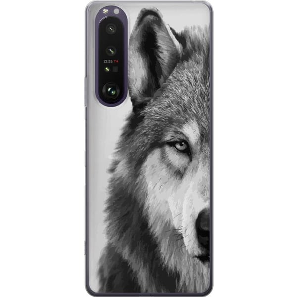 Kompatibel Mobilcover til Sony Xperia 1 III Sort-hvidt ulveportræt med intenst blik, detaljeret pels og kraftfuld stemning, stilrent naturmotiv med s
