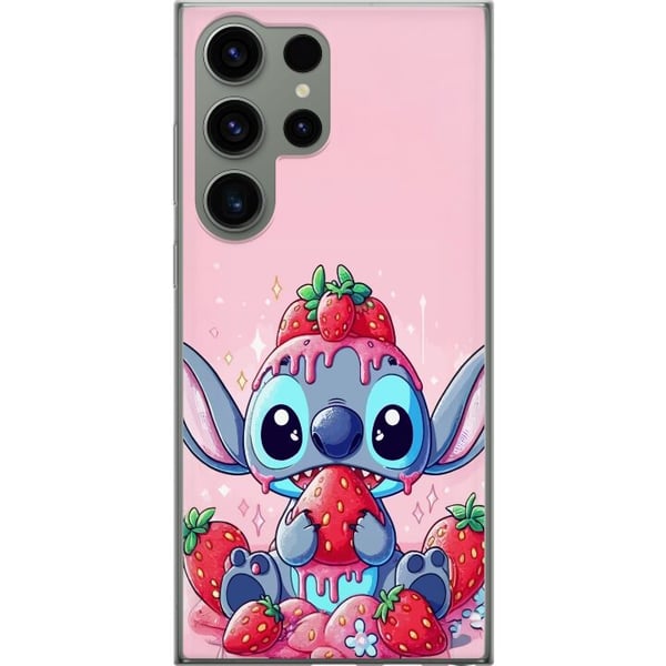 Kompatibelt Mobildeksel til Samsung Galaxy S23 Ultra Stitch Strawberry Love – søtt motiv med blå figur og jordbær i rosa pastelltema