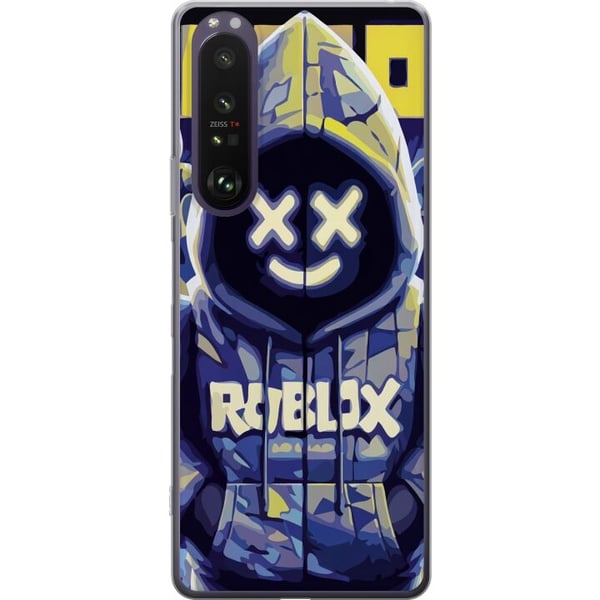 Kompatibel Mobilcover til Sony Xperia 1 III Blå-gul Roblox-inspireret hoodie-figur med maske og minimalistisk neonstil, stilren spilillustration til