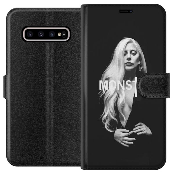 Kompatibelt Plånboksfodral till Samsung Galaxy S10+ Lady Gaga Monster porträtt – svartvit Lady Gaga design med stark MONSTER-typografi och ikonisk lo