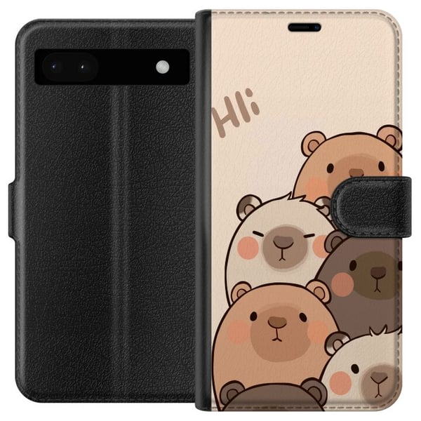 Yhteensopiva Lompakkokotelo Google Pixel 6a Karhuryhmä Hei ystävät Suloisia erivärisiä karhuja vaalealla taustalla, jossa lukee Hei