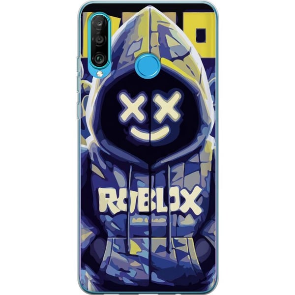 Kompatibelt Mobilskal till Huawei P30 lite Blå-gul Roblox-inspirerad hoodie-figur med mask och minimalistisk neonstil, stilren spelillustration för g
