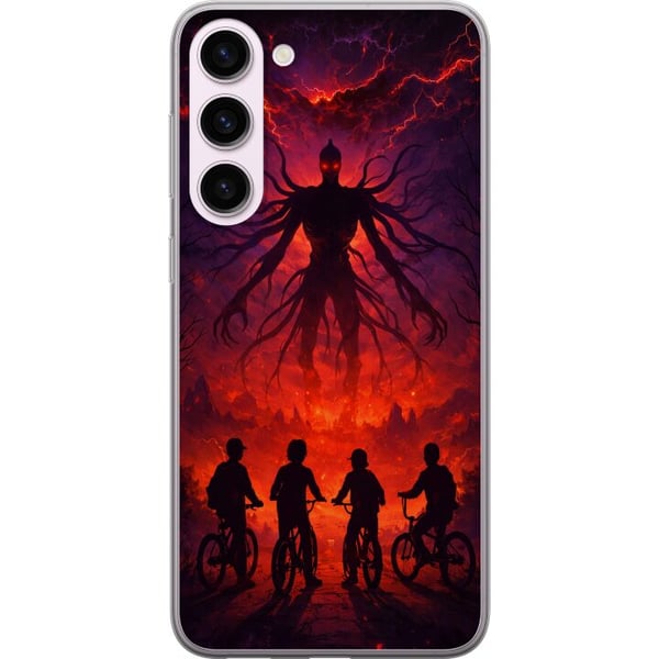Kompatibel Mobilcover til Samsung Galaxy S23+ Mørk fantasyillustration inspireret af Stranger Things med overnaturligt væsen, lyn og cyklende børn i Kompatibel Mobilcover til Samsung Galaxy S23+ Mørk fantasyillustration inspireret af Stranger Things med overnaturligt væsen, lyn og cyklende børn i