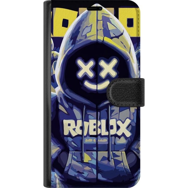 Kompatibelt Plånboksfodral till Samsung Galaxy S9+ Blå-gul Roblox-inspirerad hoodie-figur med mask och minimalistisk neonstil, stilren spelillustrati