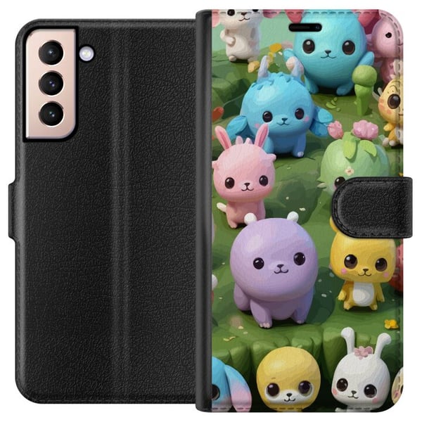 Kompatibelt Lommeboketui til Samsung Galaxy S21 Kawaii-dyr i pastell, fargerike figurer på grønn bakgrunn, lekent motiv for barn og unge voksne