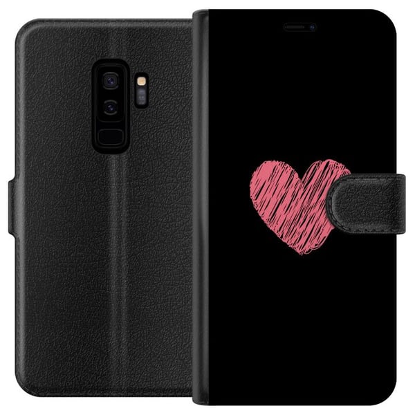 Yhteensopiva Lompakkokotelo Samsung Galaxy S9+ Käsin piirretty vaaleanpunainen sydän mustalla minimalistisella taustalla Yhteensopiva Lompakkokotelo Samsung Galaxy S9+ Käsin piirretty vaaleanpunainen sydän mustalla minimalistisella taustalla