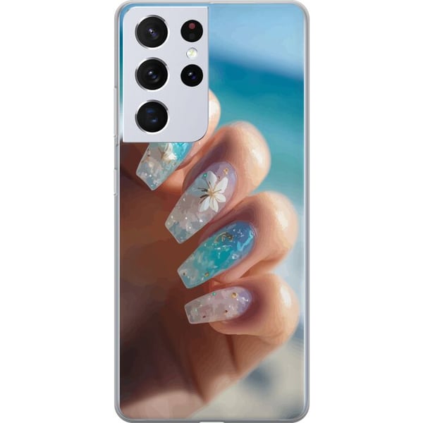 Kompatibelt Mobildeksel til Samsung Galaxy S21 Ultra 5G Negledesignillustrasjon – Blå glitter med blomst, havsinspirert motiv Kompatibelt Mobildeksel til Samsung Galaxy S21 Ultra 5G Negledesignillustrasjon – Blå glitter med blomst, havsinspirert motiv