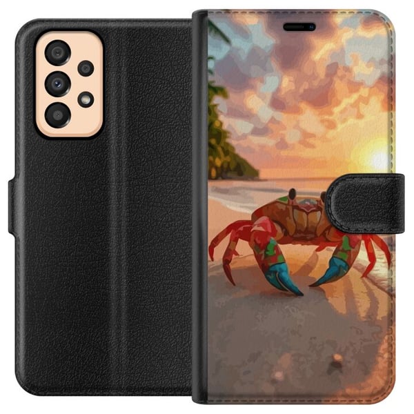 Yhteensopiva Lompakkokotelo Samsung Galaxy A33 5G Trooppinen rantakrapu värikäs design auringonlasku meri aallot ja lämmin lomatunnelma trooppisen lu