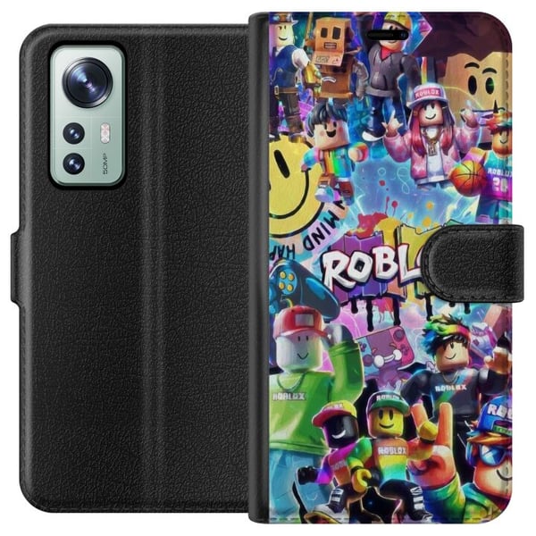 Yhteensopiva Lompakkokotelo Xiaomi 12 Suuri ja värikäs Roblox-maailma täynnä hahmoja, liikettä ja energiaa, leikkisä peliaiheinen kuvitus täydellinen
