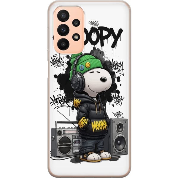 Kompatibelt Mobildeksel til Samsung Galaxy A23 Snoopy i streetwear med hodetelefoner og graffitistil står ved siden av en boombox og smiler bredt, et