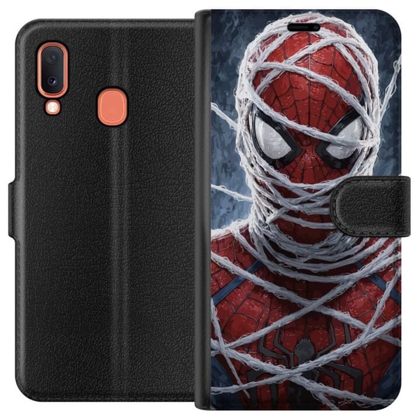 Kompatibelt Plånboksfodral till Samsung Galaxy A20e Spider-Man täckt av täta nätlager i dramatisk närbild som framhäver maskens struktur intensitet o Kompatibelt Plånboksfodral till Samsung Galaxy A20e Spider-Man täckt av täta nätlager i dramatisk närbild som framhäver maskens struktur intensitet o