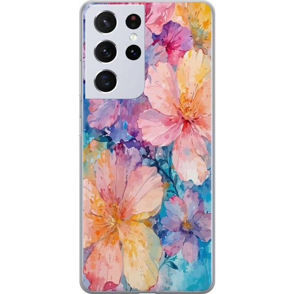 Kompatibelt Mobildeksel til Samsung Galaxy S21 Ultra 5G Akvellmaleri med store blomster i rosa, blå og gule toner i en myk, kunstnerisk stil Kompatibelt Mobildeksel til Samsung Galaxy S21 Ultra 5G Akvellmaleri med store blomster i rosa, blå og gule toner i en myk, kunstnerisk stil