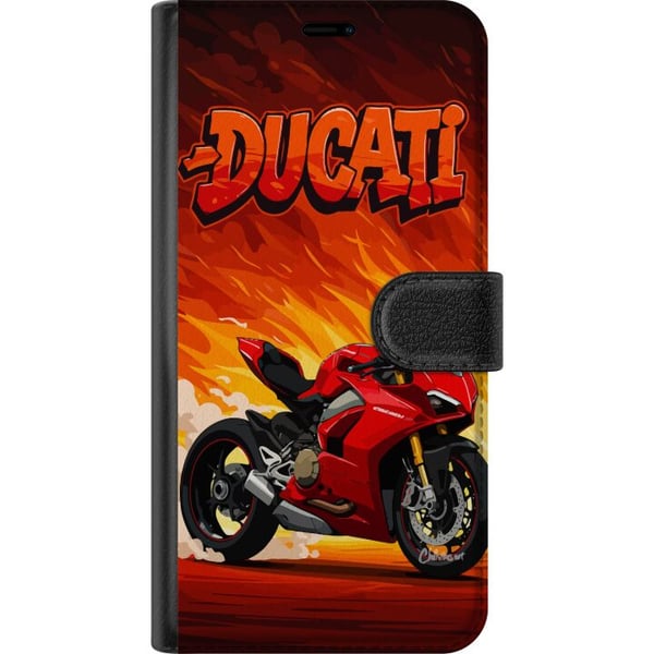 Kompatibelt Plånboksfodral till Samsung Galaxy A32 5G Ducati röd sportmotorcykel mot eld bakgrund fartfyllt motiv för motorälskare