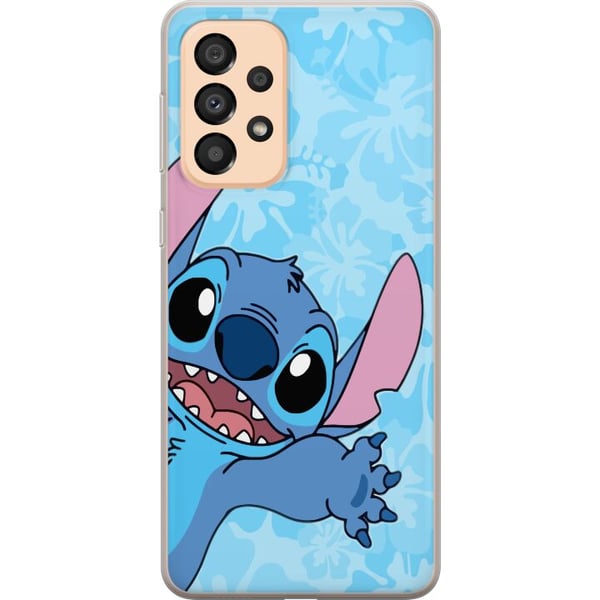 Yhteensopiva Puhelinkuori Samsung Galaxy A33 5G Stitch kurottamassa eteenpäin värikkäässä kuvituksessa, jossa on kukallinen tausta