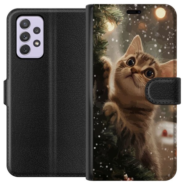 Kompatibelt Lommeboketui til Samsung Galaxy A52s 5G Katt som klatrer i juletre med snøfall, koselig vinterdesign perfekt for katte- og juleelskere