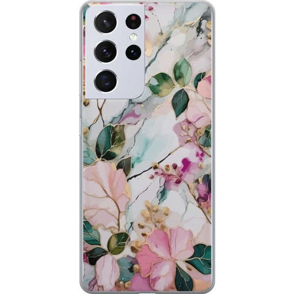 Kompatibel Mobilcover til Samsung Galaxy S21 Ultra 5G Pastelmarmor med blomster, blade og subtile gyldne detaljer i en blød komposition