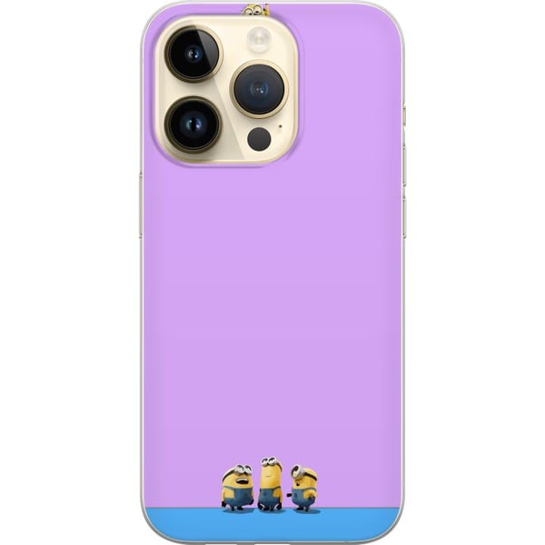Yhteensopiva Puhelinkuori Apple iPhone 14 Pro Minions-kuvitus violetilla ja sinisellä taustalla, humoristinen elokuvateema hauskojen hahmojen ystävil