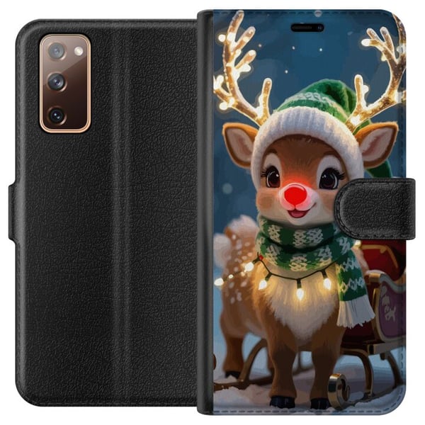 Kompatibelt Lommeboketui til Samsung Galaxy S20 FE Julete reinsdyr med lysende horn, rød nese og strikket grønn lue står foran en slede i et snødekt Kompatibelt Lommeboketui til Samsung Galaxy S20 FE Julete reinsdyr med lysende horn, rød nese og strikket grønn lue står foran en slede i et snødekt