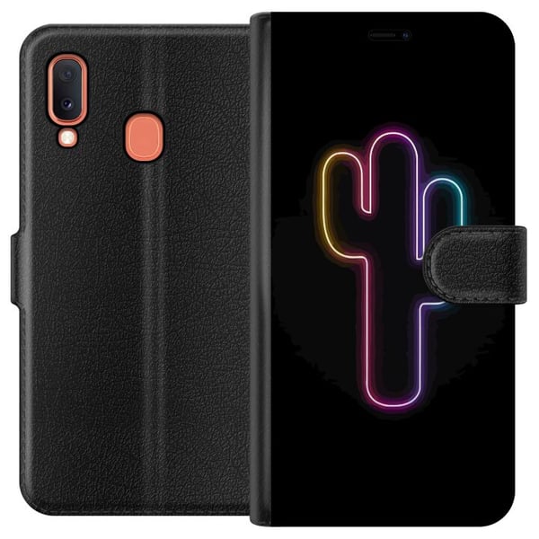 Yhteensopiva Lompakkokotelo Samsung Galaxy A20e Kaktuksen neonkuvitus vaaleanpunaisessa ja sinisessä valossa tummaa taustaa vasten modernissa pop-est