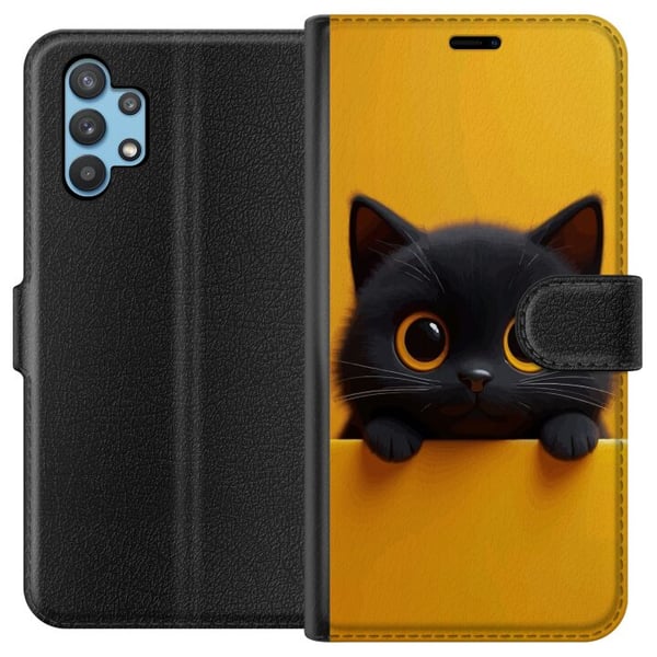 Kompatibelt Plånboksfodral till Samsung Galaxy A32 5G Söt svart katt med stora ögon på gul bakgrund – minimalistisk djurillustration med varm färg oc Kompatibelt Plånboksfodral till Samsung Galaxy A32 5G Söt svart katt med stora ögon på gul bakgrund – minimalistisk djurillustration med varm färg oc