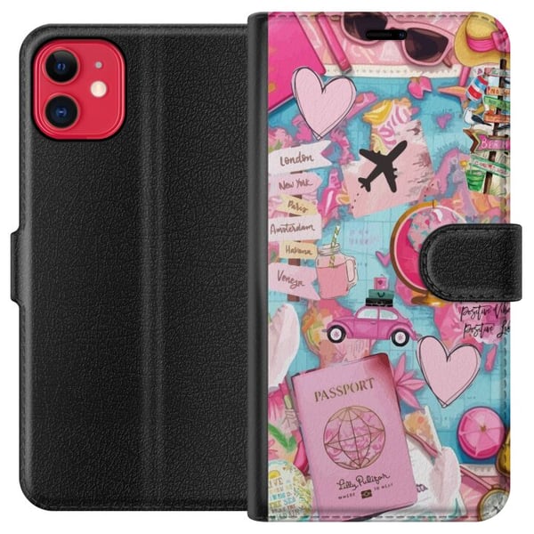 Kompatibel Tegnebogsetui til Apple iPhone 11 Pink og turkis rejsecollage med verdenskort pas fly kameraer hjerter og destinationer moderne rejseæstet Kompatibel Tegnebogsetui til Apple iPhone 11 Pink og turkis rejsecollage med verdenskort pas fly kameraer hjerter og destinationer moderne rejseæstet
